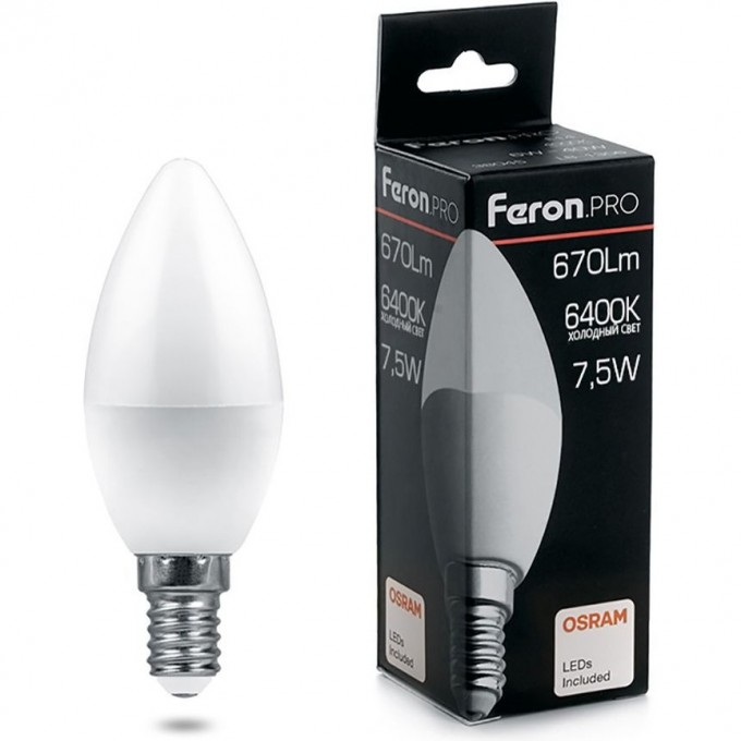 Лампа светодиодная FERON PRO LB-1307 Свеча E14 7.5W 6400K 38055