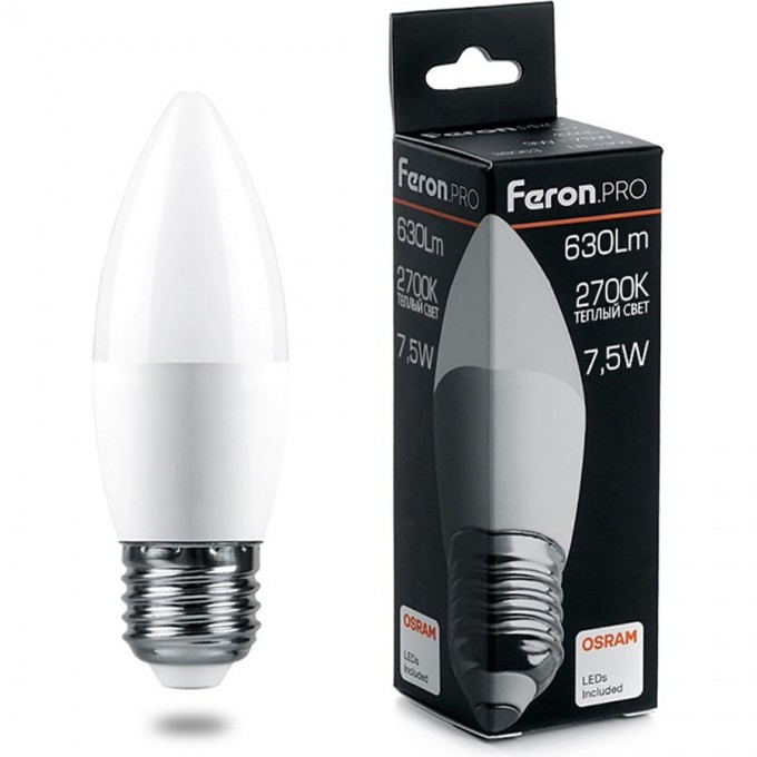 Лампа светодиодная FERON PRO LB-1307 Свеча E27 7.5W 2700K 38056