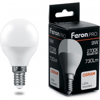 Лампа светодиодная FERON PRO LB-1409 Шарик E14 9W 2700K 38077 Лампа светодиодная FERON PRO LB-1409 Шарик E14 9W 2700K 38077